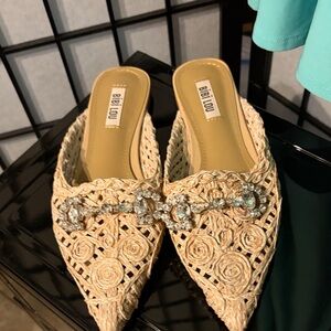 Bibi Lou Natural Raffia Pointed Mule with Crystal Embellishment